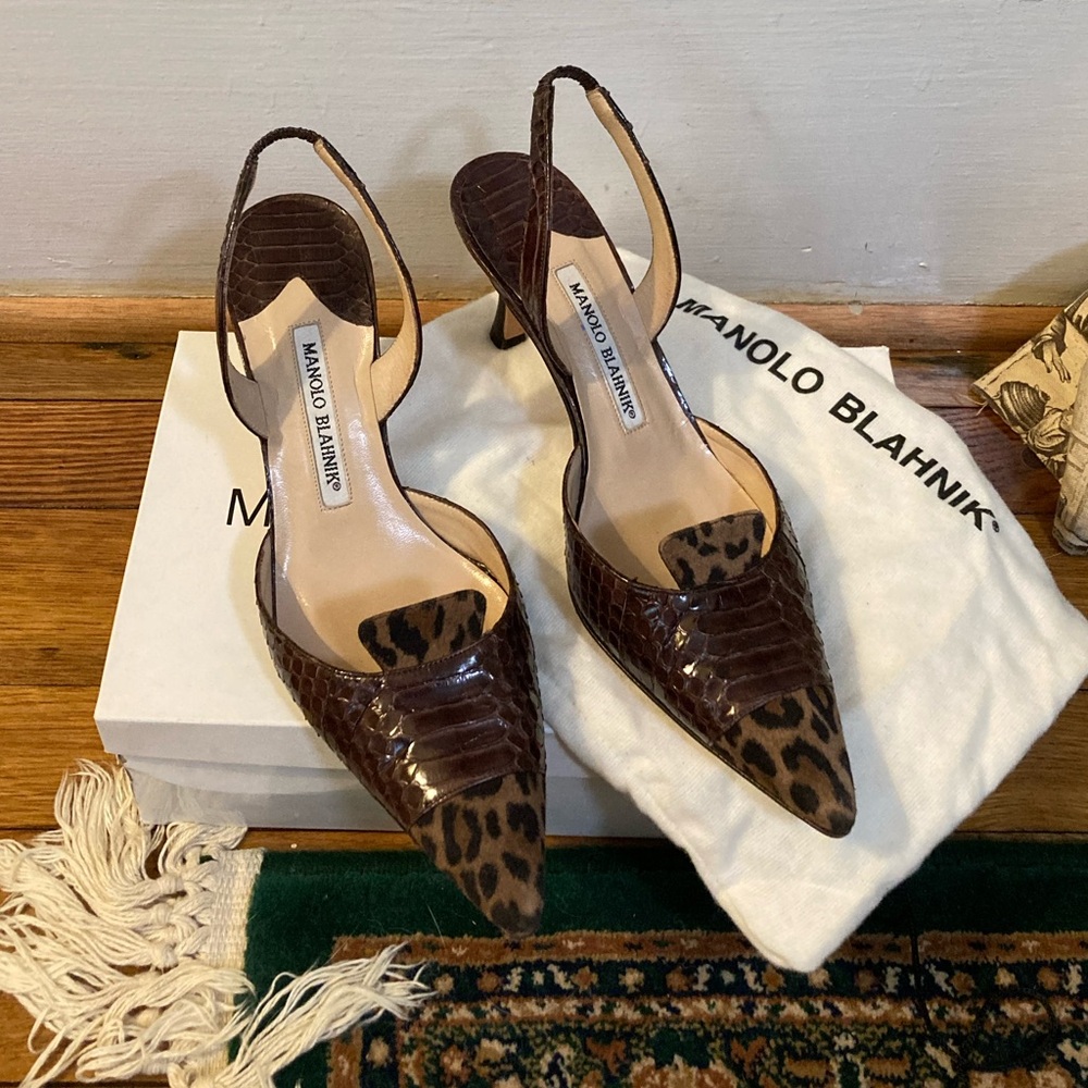 Manolo Blahnik pointed toe slingback mixed animal print heels